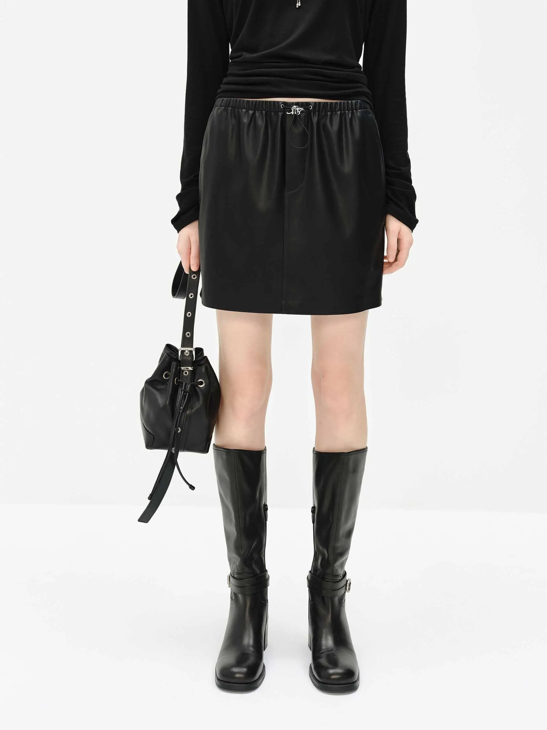 Elastic Waist Leather Skirt