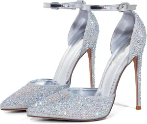 Elisabet Tang High Heels, Women Pumps D'Orsay Ankle Strap Pointed Toe Stiletto Heels Rhinestone Party Wedding Shoes
