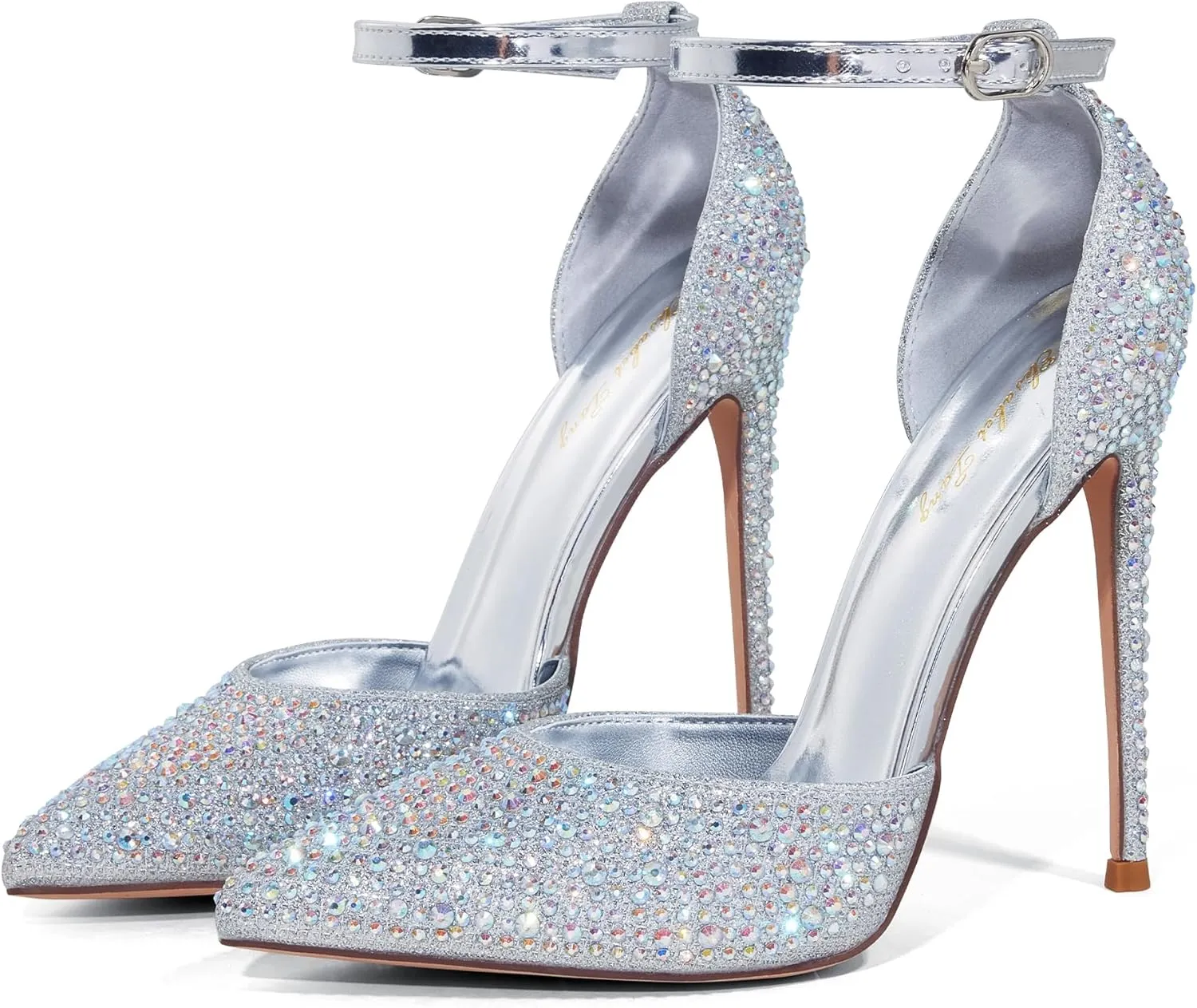 Elisabet Tang High Heels, Women Pumps D'Orsay Ankle Strap Pointed Toe Stiletto Heels Rhinestone Party Wedding Shoes