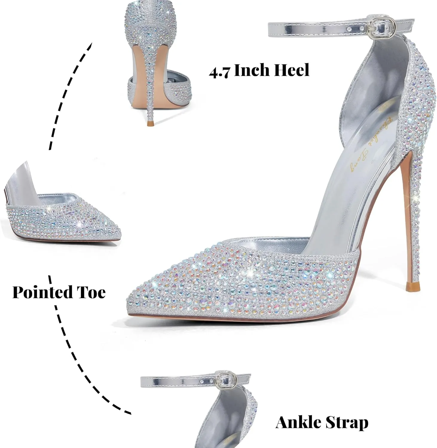 Elisabet Tang High Heels, Women Pumps D'Orsay Ankle Strap Pointed Toe Stiletto Heels Rhinestone Party Wedding Shoes