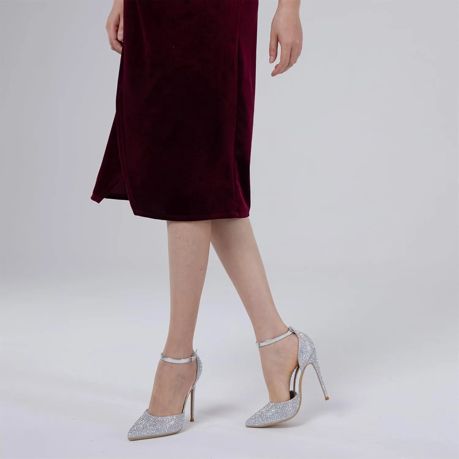 Elisabet Tang High Heels, Women Pumps D'Orsay Ankle Strap Pointed Toe Stiletto Heels Rhinestone Party Wedding Shoes