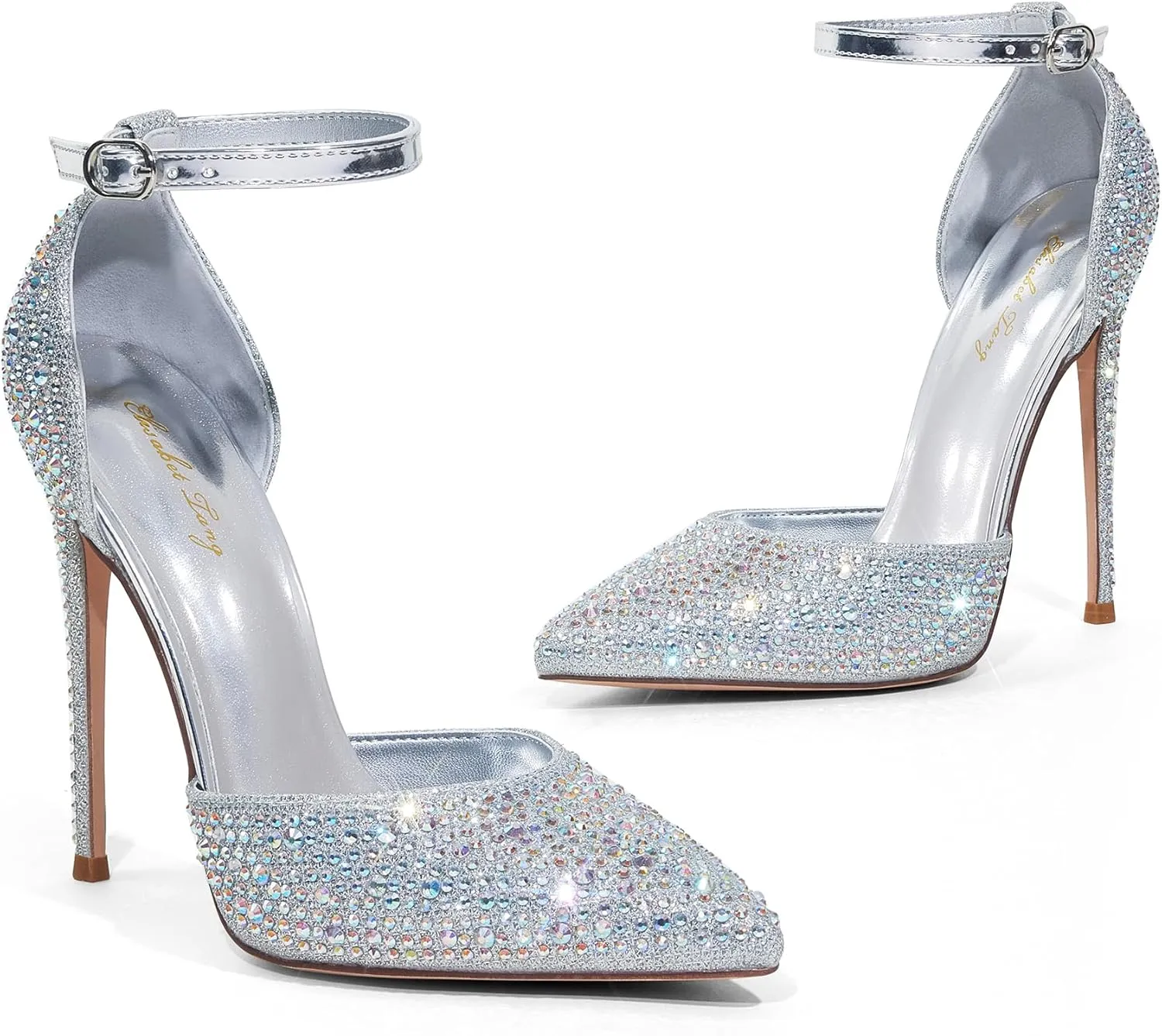 Elisabet Tang High Heels, Women Pumps D'Orsay Ankle Strap Pointed Toe Stiletto Heels Rhinestone Party Wedding Shoes
