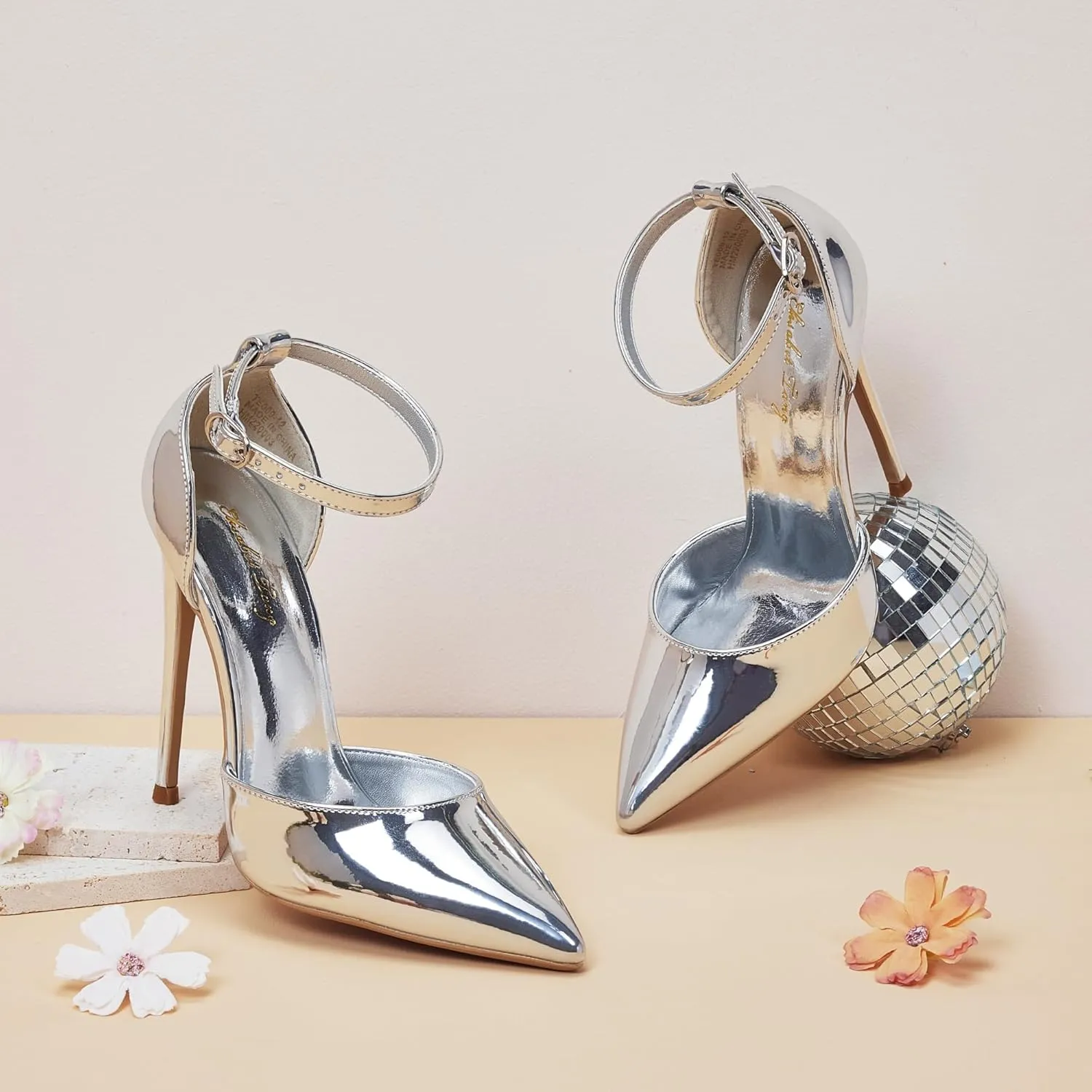 Elisabet Tang High Heels, Women Pumps D'Orsay Ankle Strap Pointed Toe Stiletto Heels Rhinestone Party Wedding Shoes