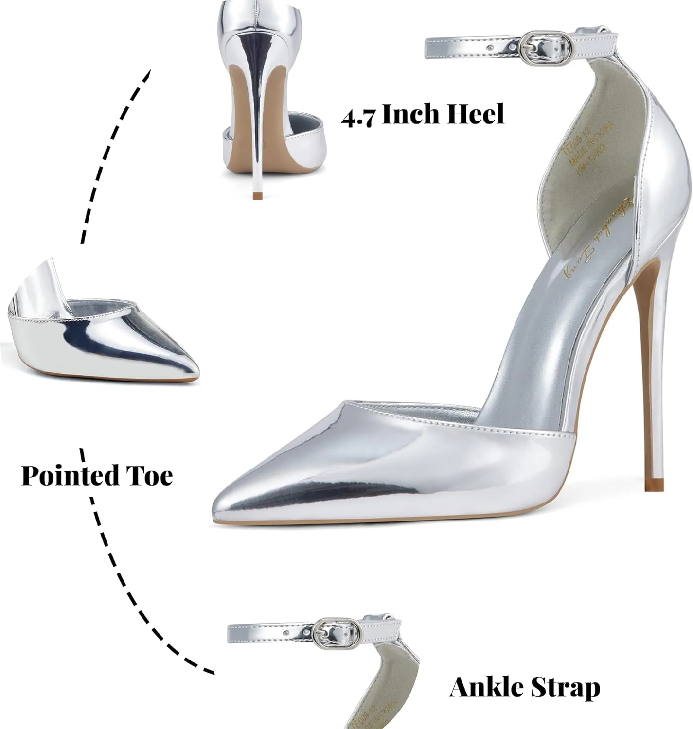 Elisabet Tang High Heels, Women Pumps D'Orsay Ankle Strap Pointed Toe Stiletto Heels Rhinestone Party Wedding Shoes