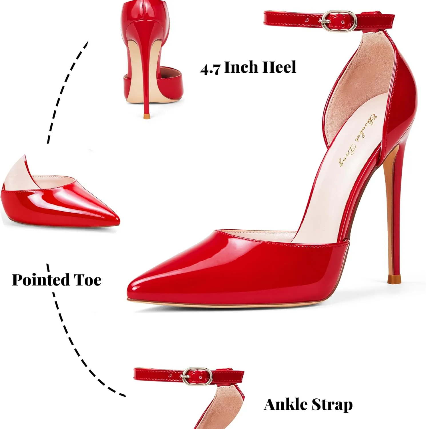 Elisabet Tang High Heels, Women Pumps D'Orsay Ankle Strap Pointed Toe Stiletto Heels Rhinestone Party Wedding Shoes
