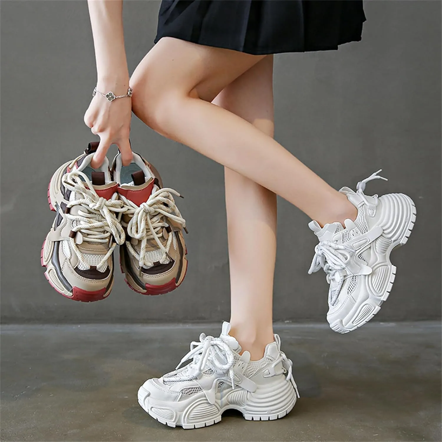 Fashion Leather Chunky Platform Lace Up Sneakers for Women Casual Lightweight Non-Slip Walking Sport Workout Work Tennis Shoes