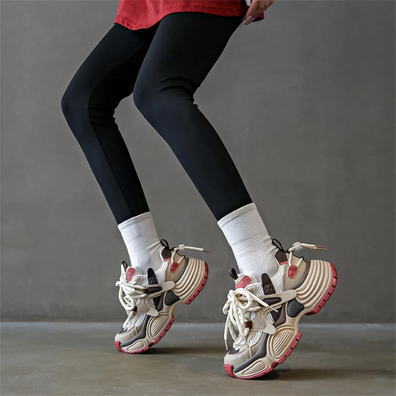 Fashion Leather Chunky Platform Lace Up Sneakers for Women Casual Lightweight Non-Slip Walking Sport Workout Work Tennis Shoes