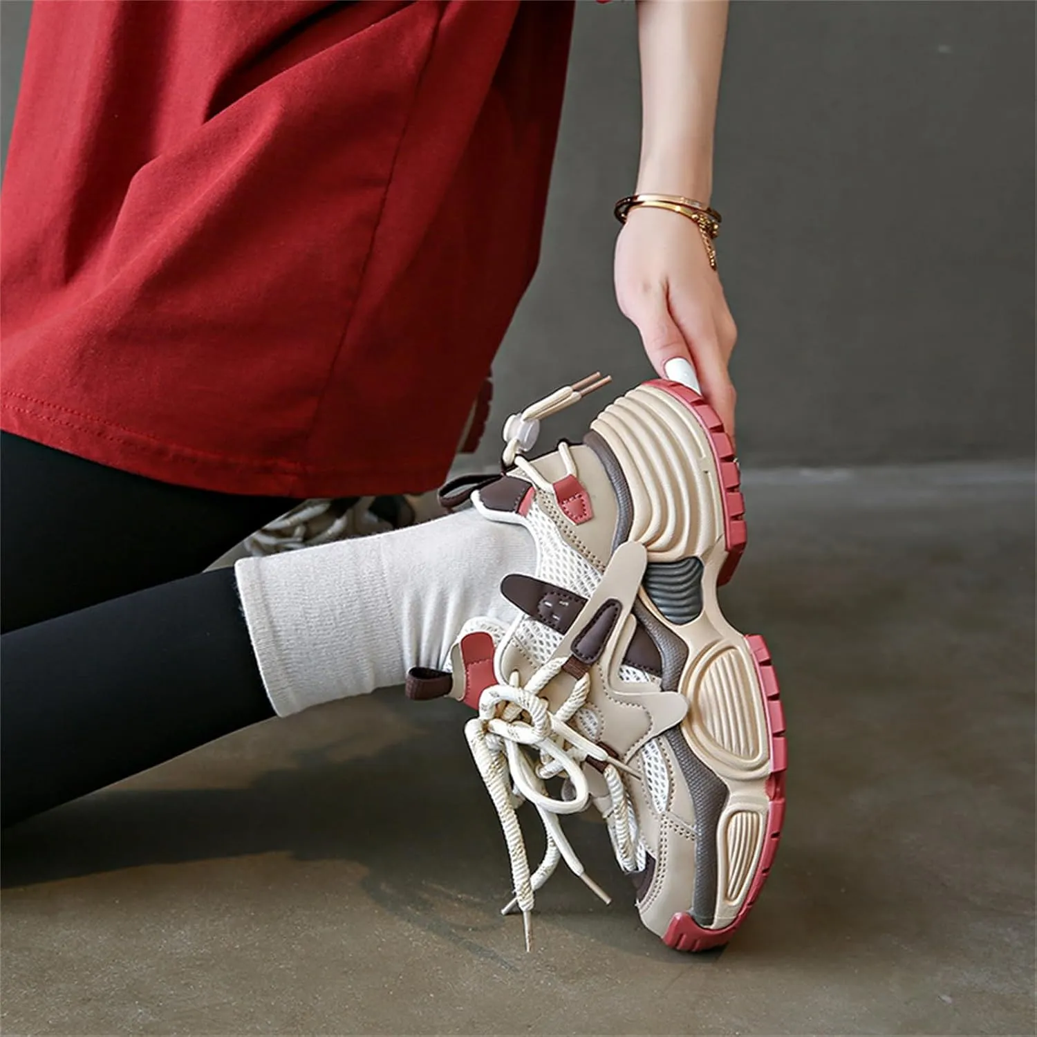 Fashion Leather Chunky Platform Lace Up Sneakers for Women Casual Lightweight Non-Slip Walking Sport Workout Work Tennis Shoes