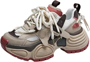 Fashion Leather Chunky Platform Lace Up Sneakers for Women Casual Lightweight Non-Slip Walking Sport Workout Work Tennis Shoes