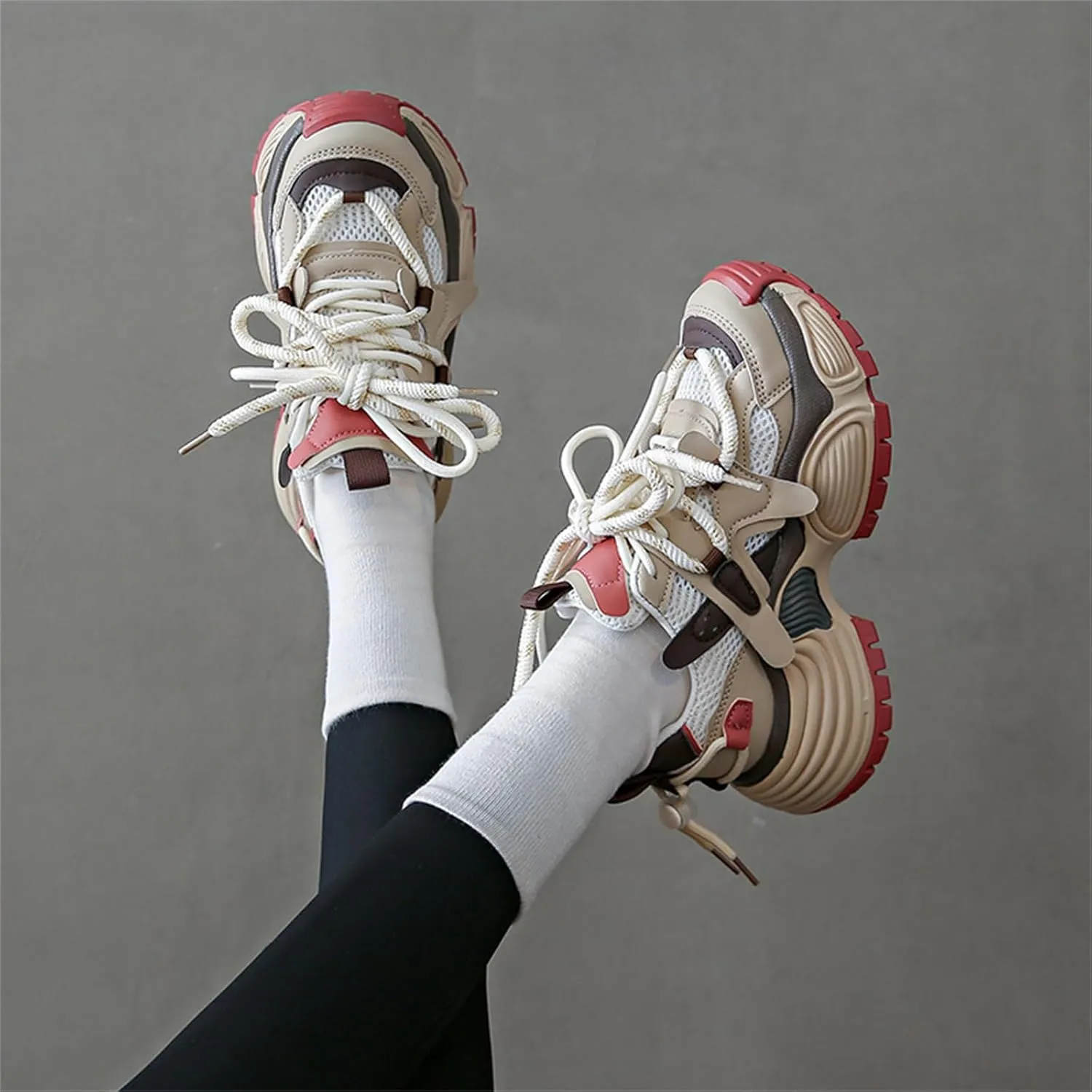 Fashion Leather Chunky Platform Lace Up Sneakers for Women Casual Lightweight Non-Slip Walking Sport Workout Work Tennis Shoes
