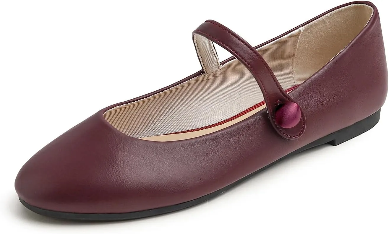 FEVERSOLE Women's Mary Jane Fashion Round Toe Easy Buckle Slip On Flats