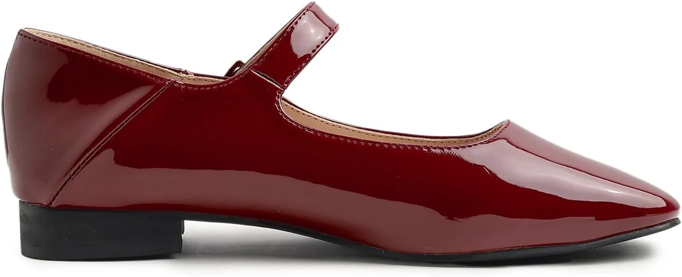 FEVERSOLE Women's Mary Jane Fashion Square Toe Easy Buckle Low Heel Slip On Flats