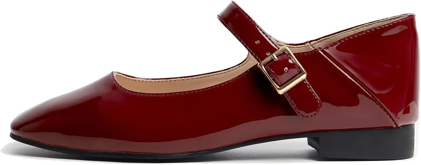 FEVERSOLE Women's Mary Jane Fashion Square Toe Easy Buckle Low Heel Slip On Flats