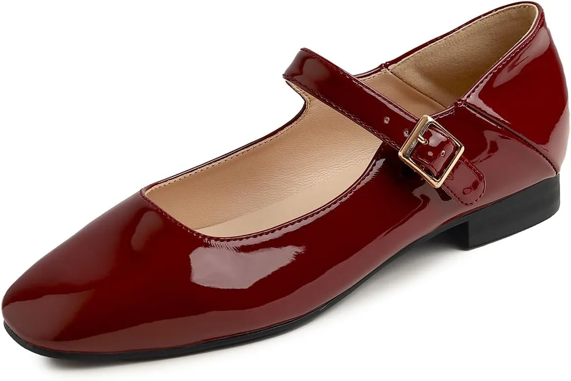 FEVERSOLE Women's Mary Jane Fashion Square Toe Easy Buckle Low Heel Slip On Flats