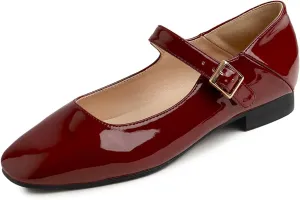 FEVERSOLE Women's Mary Jane Fashion Square Toe Easy Buckle Low Heel Slip On Flats