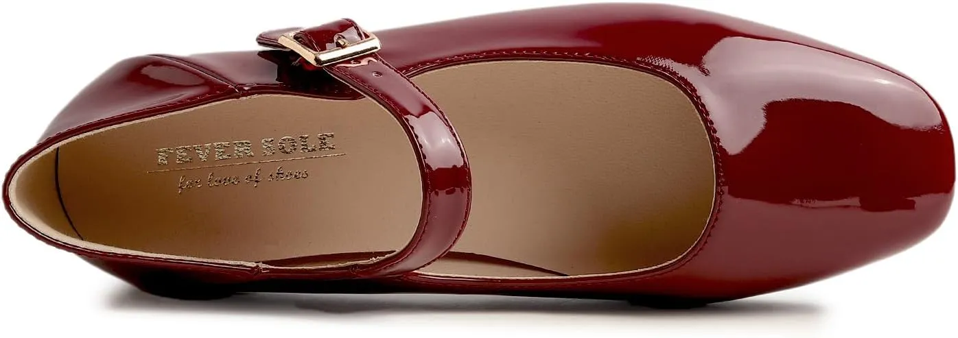 FEVERSOLE Women's Mary Jane Fashion Square Toe Easy Buckle Low Heel Slip On Flats