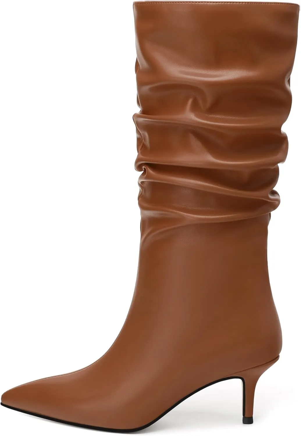 FOGEENA Mid Calf Boots for Women Slouchy Kitten Low Heel Pointed Toe 2.5 Inch Pull on Boots Casual Work Prom Party Fall Shoes