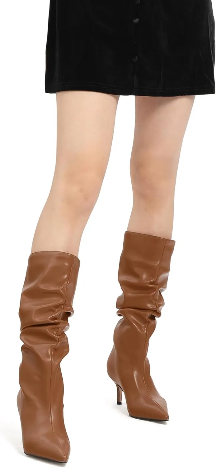 FOGEENA Mid Calf Boots for Women Slouchy Kitten Low Heel Pointed Toe 2.5 Inch Pull on Boots Casual Work Prom Party Fall Shoes