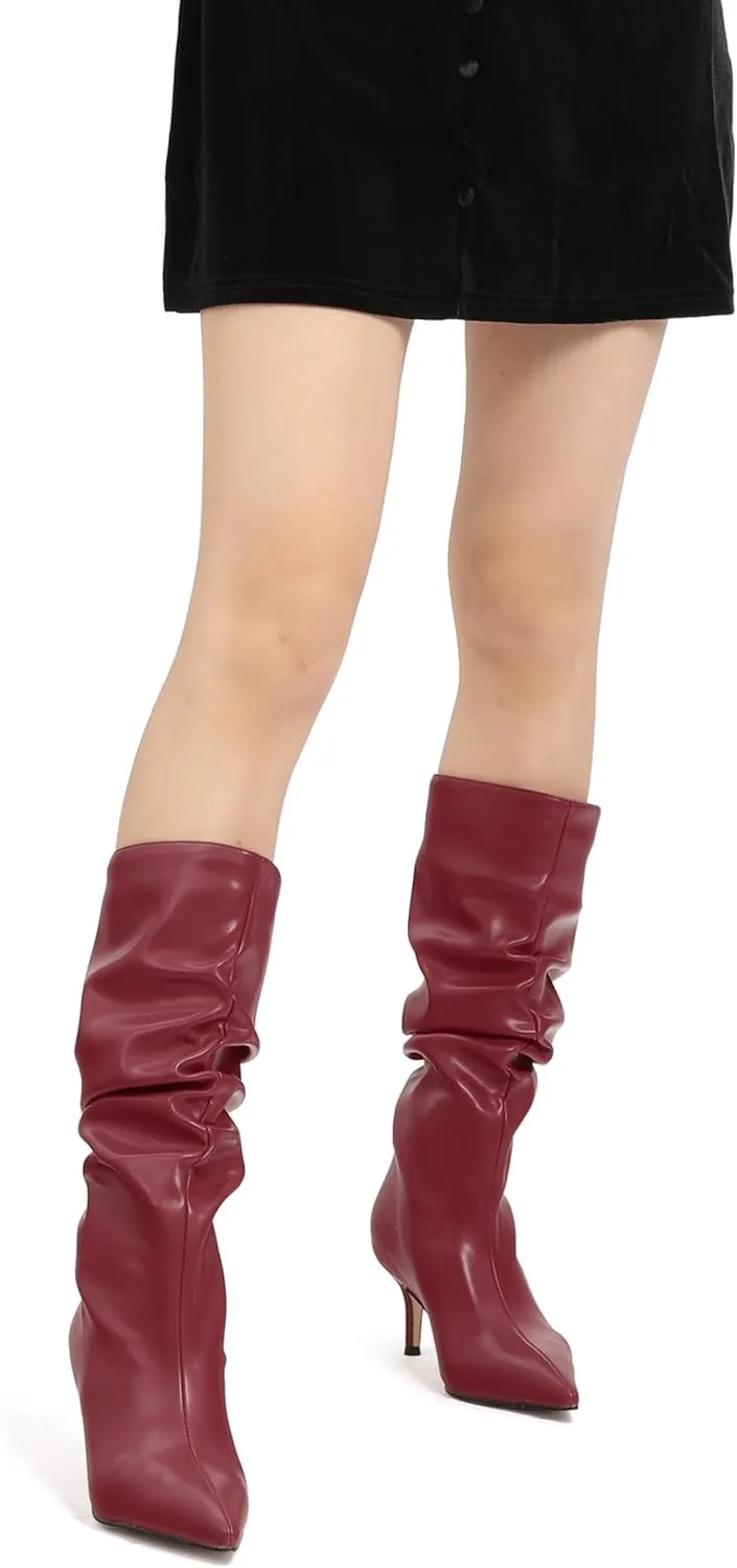 FOGEENA Mid Calf Boots for Women Slouchy Kitten Low Heel Pointed Toe 2.5 Inch Pull on Boots Casual Work Prom Party Fall Shoes