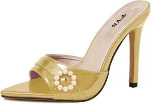 FYS Women Pointed Open Toe Mules Stiletto High Heel Pearls Sandals Slide Dress Party Prom Shoes Size 4-15 US