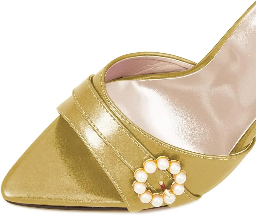 FYS Women Pointed Open Toe Mules Stiletto High Heel Pearls Sandals Slide Dress Party Prom Shoes Size 4-15 US