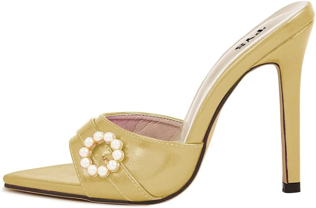 FYS Women Pointed Open Toe Mules Stiletto High Heel Pearls Sandals Slide Dress Party Prom Shoes Size 4-15 US