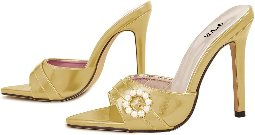 FYS Women Pointed Open Toe Mules Stiletto High Heel Pearls Sandals Slide Dress Party Prom Shoes Size 4-15 US
