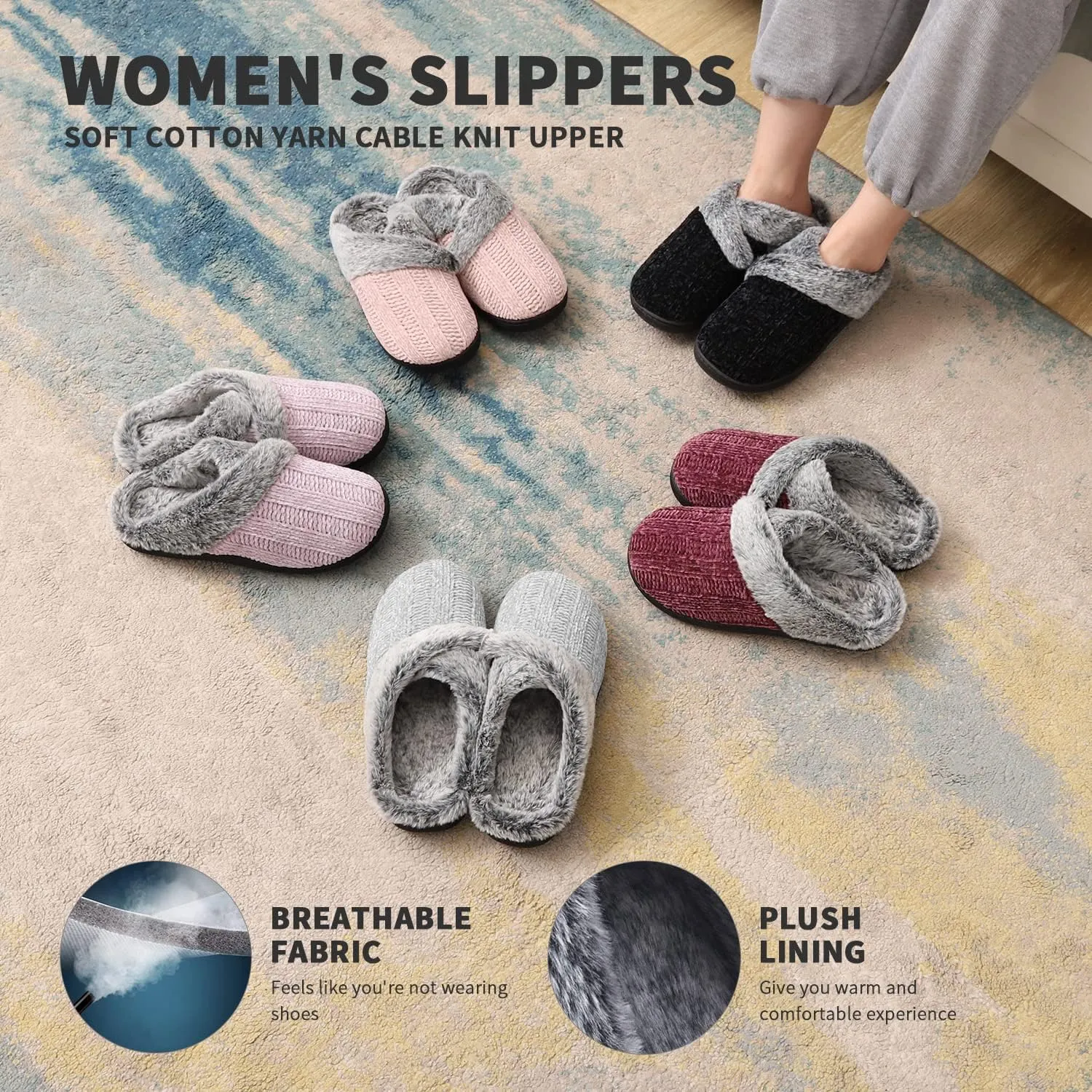 Homitem Fuzzy Slippers for Women Indoor and Outdoor Fluffy Bedroom House Shoes with Arch Support Memory Foam Winter Warm Ladeis Cute Comfy Cozy