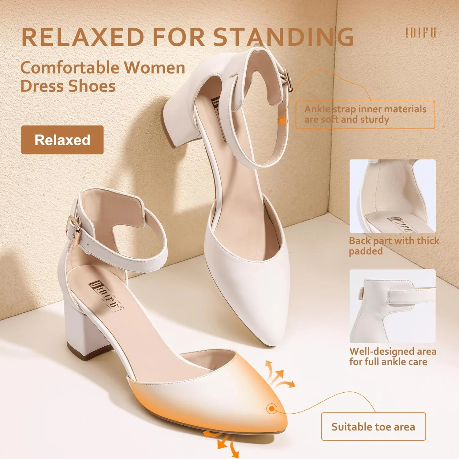 IDIFU Women's IN2 Pedazo Dress Shoes Low Block Heels Comfortable Chunky Closed Toe Ankle Strap Wedding Pumps
