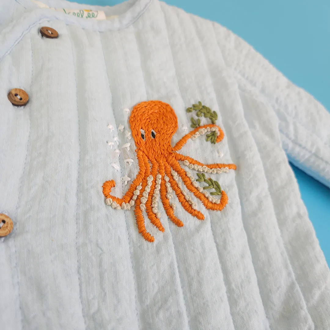 Keebee Organic Cotton Embroidered Baby Blue Button Up Quilted Jacket - Octopus