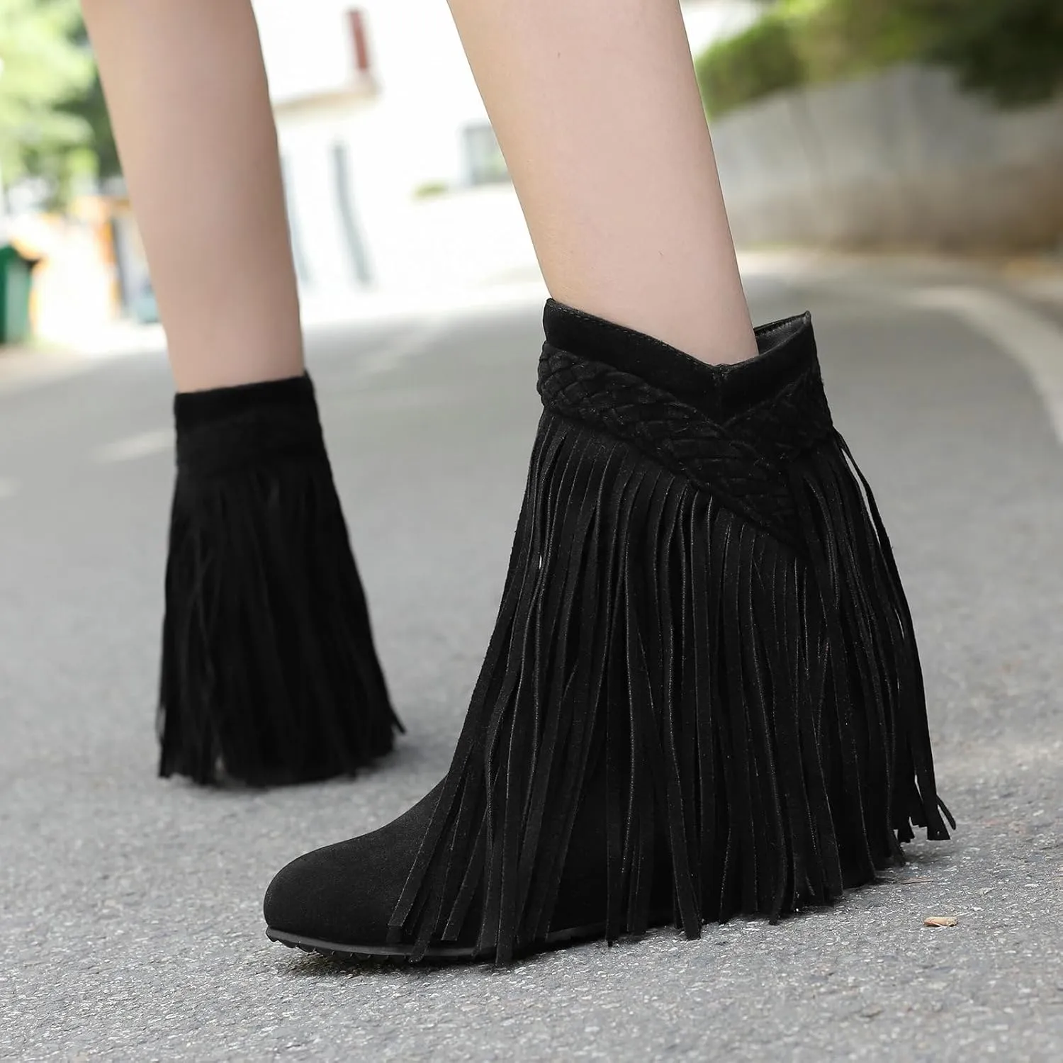 KysBloes Fringe Cowboy Boots for Women Wedge Heel Suede Ankle Boots Closed Toe Booties with Tassel Western Booties Shoes