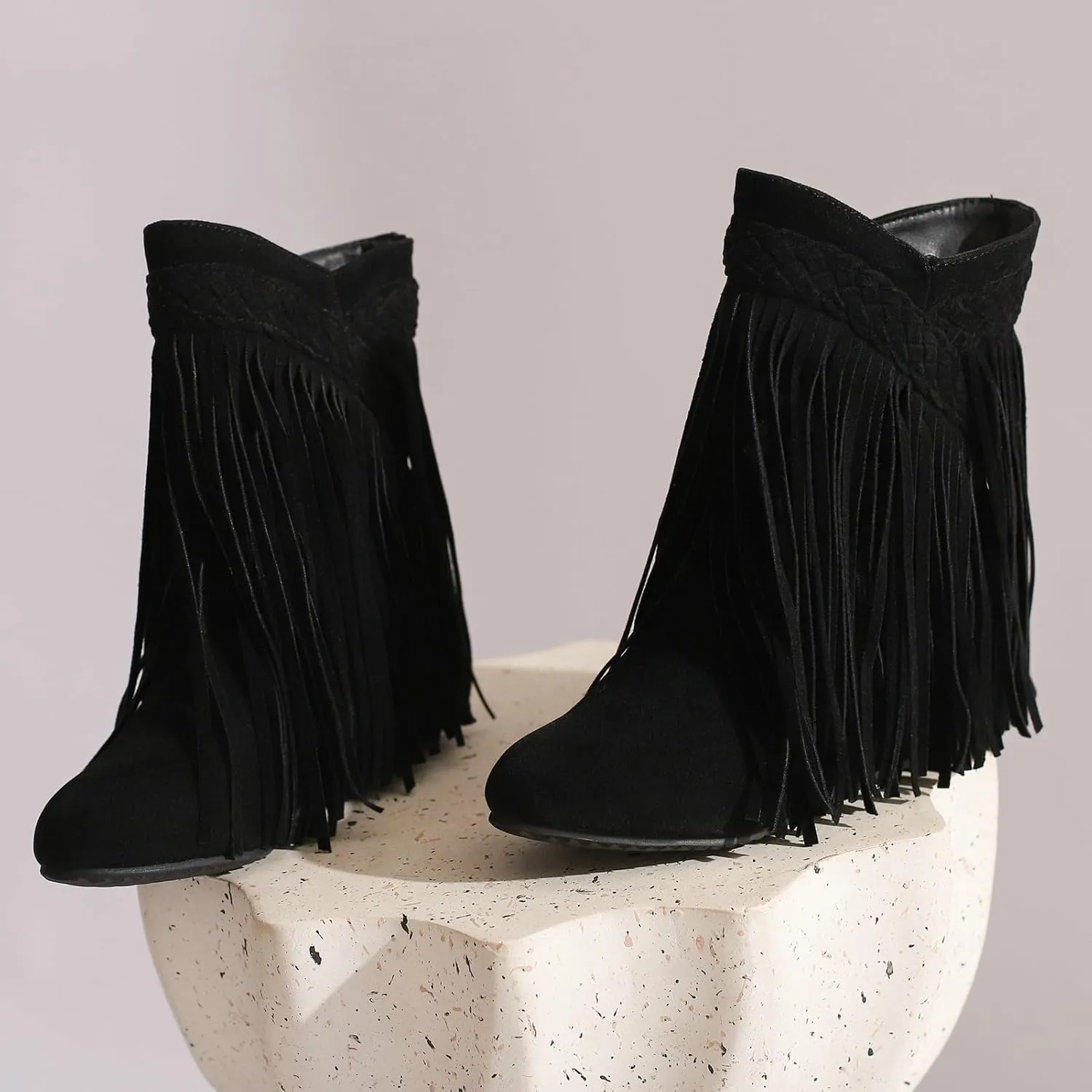 KysBloes Fringe Cowboy Boots for Women Wedge Heel Suede Ankle Boots Closed Toe Booties with Tassel Western Booties Shoes