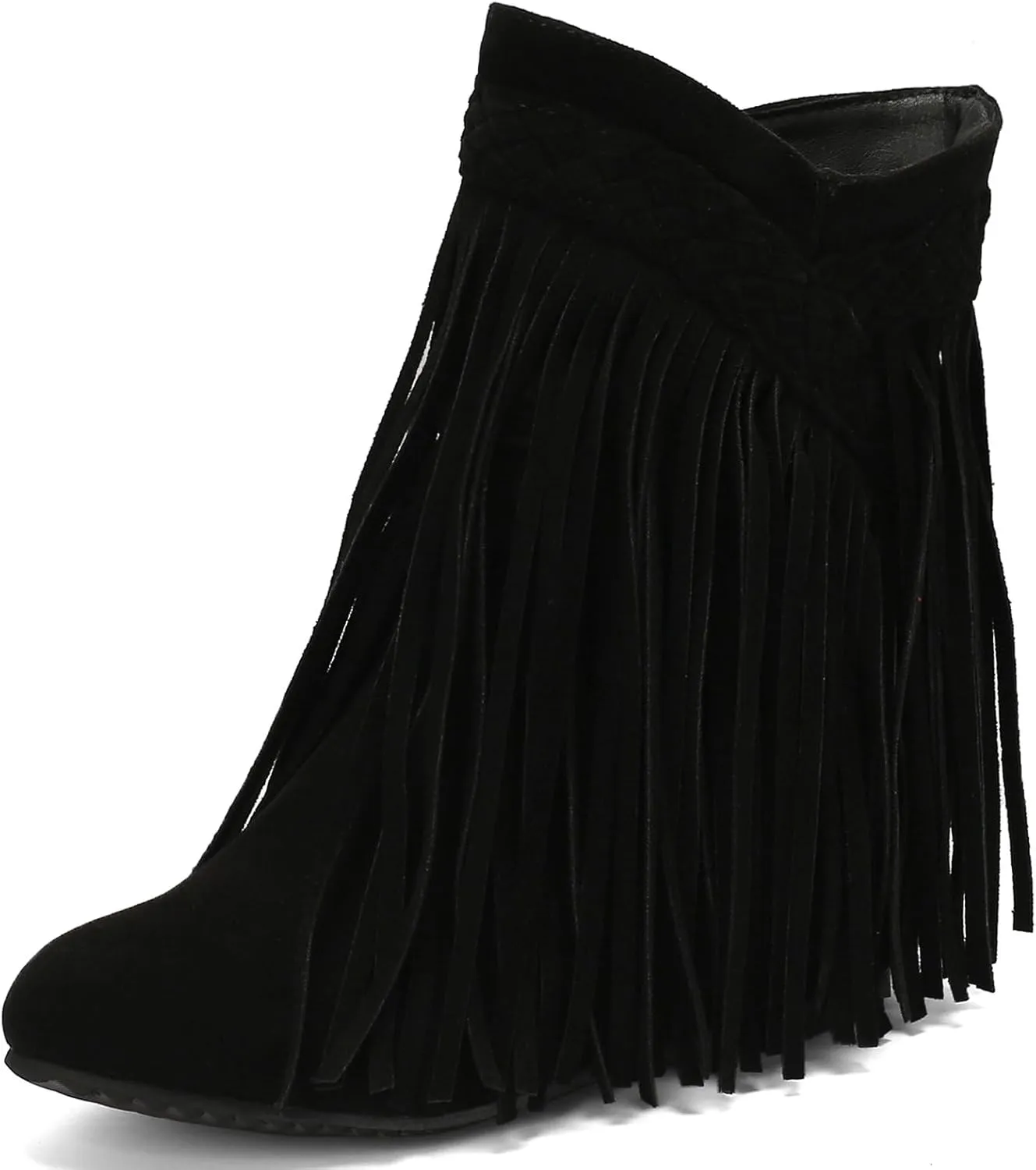 KysBloes Fringe Cowboy Boots for Women Wedge Heel Suede Ankle Boots Closed Toe Booties with Tassel Western Booties Shoes