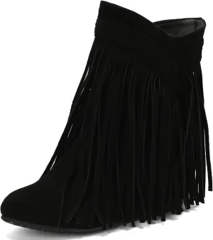 KysBloes Fringe Cowboy Boots for Women Wedge Heel Suede Ankle Boots Closed Toe Booties with Tassel Western Booties Shoes