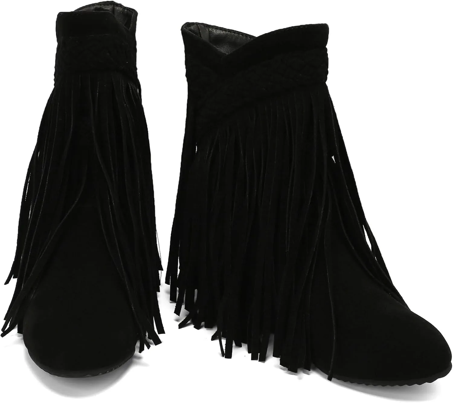 KysBloes Fringe Cowboy Boots for Women Wedge Heel Suede Ankle Boots Closed Toe Booties with Tassel Western Booties Shoes