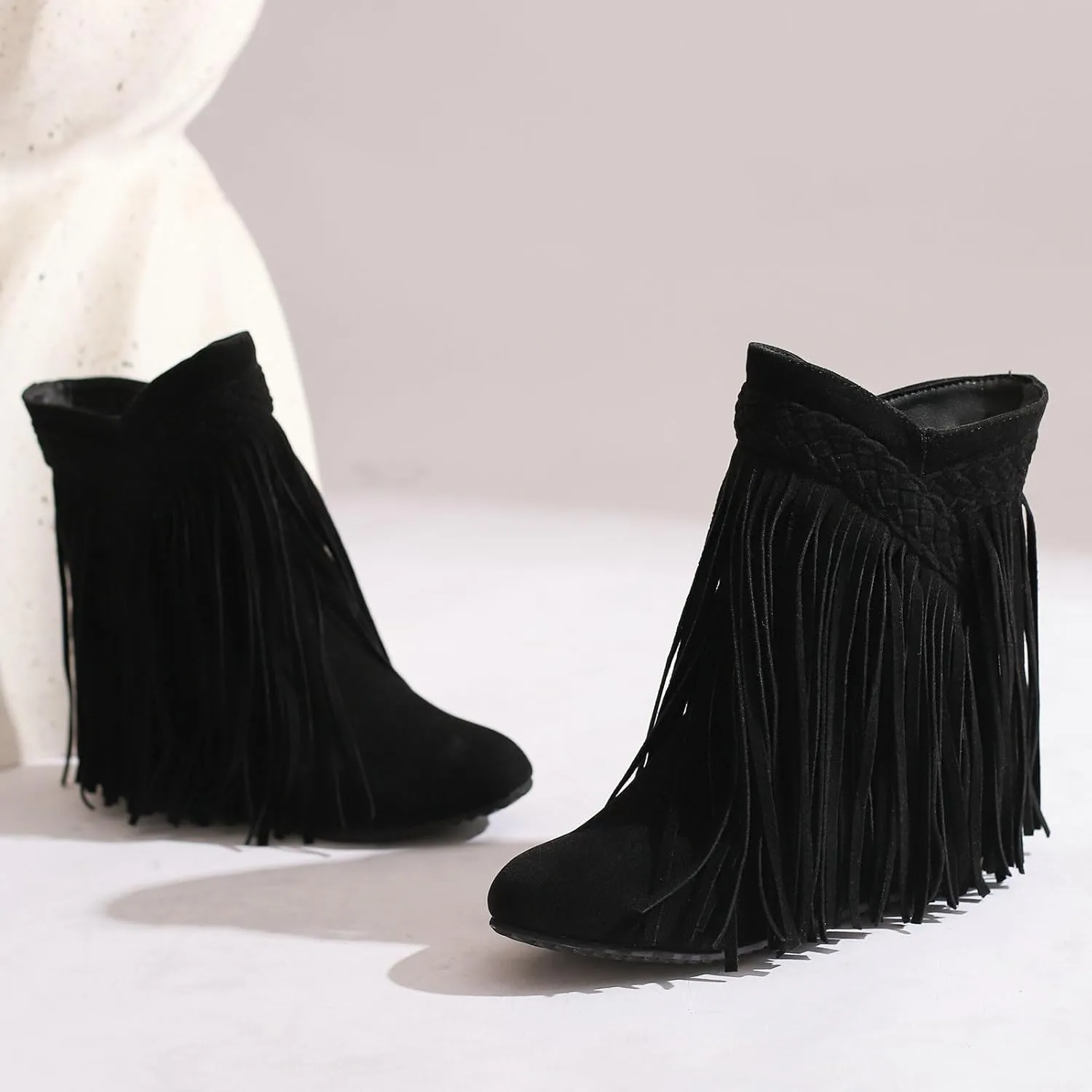 KysBloes Fringe Cowboy Boots for Women Wedge Heel Suede Ankle Boots Closed Toe Booties with Tassel Western Booties Shoes