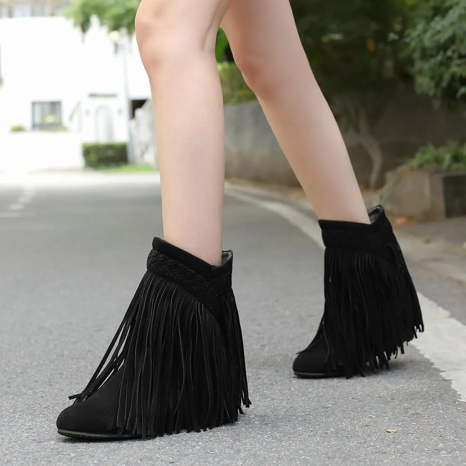 KysBloes Fringe Cowboy Boots for Women Wedge Heel Suede Ankle Boots Closed Toe Booties with Tassel Western Booties Shoes