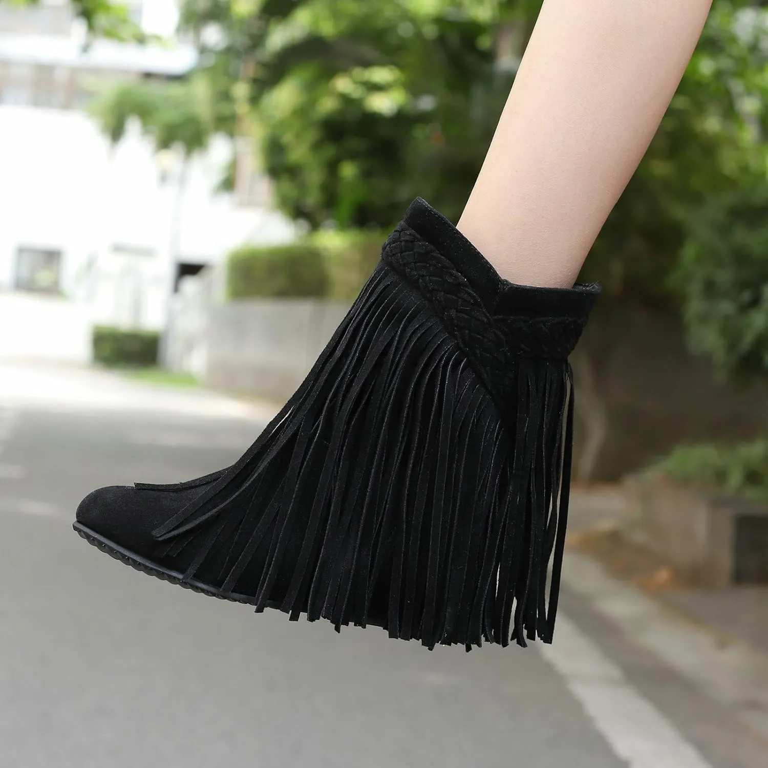 KysBloes Fringe Cowboy Boots for Women Wedge Heel Suede Ankle Boots Closed Toe Booties with Tassel Western Booties Shoes