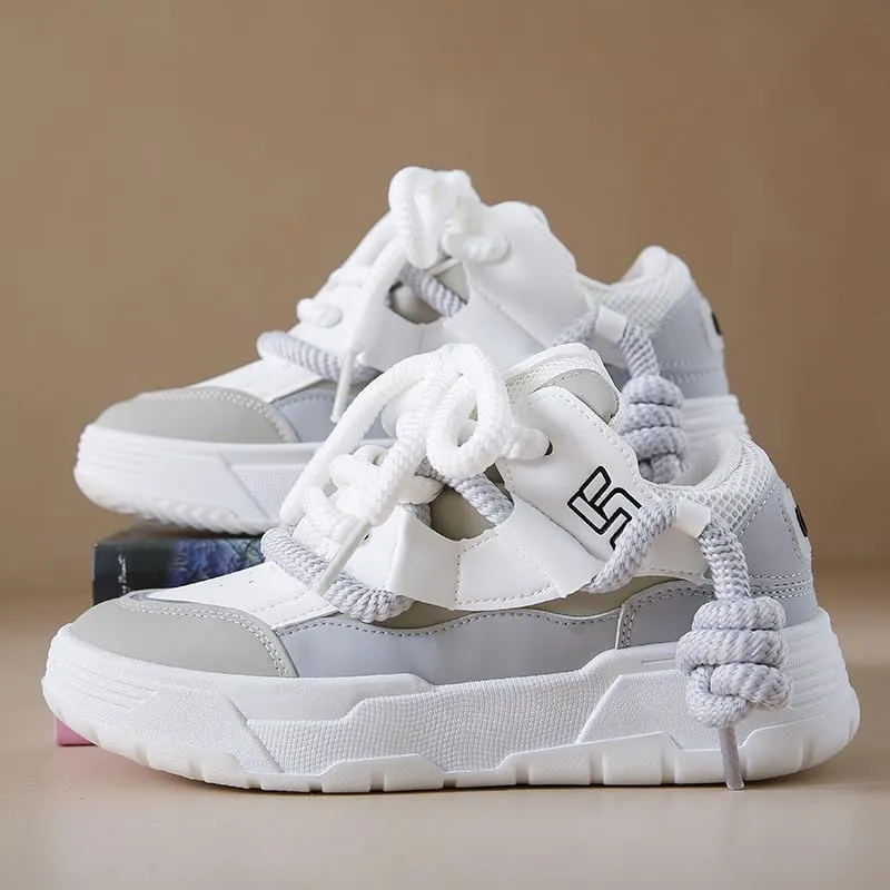 Low-Top Women's Cute Chunky Lace-Up Sneakers - Thick Sole Casual Athletic Shoes, All-Season Design