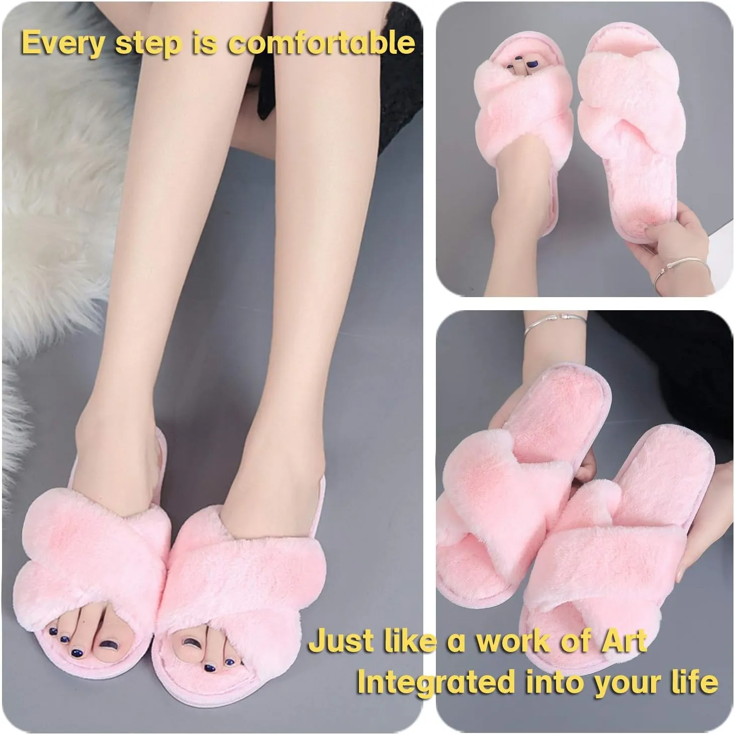 LZLER Womens Cross Band Slippers, Soft Plush Fleece Lightweight Non Slip Open Toe Flip Flop Shoes House Indoor Outdoor Fur Fuzzy Slippers