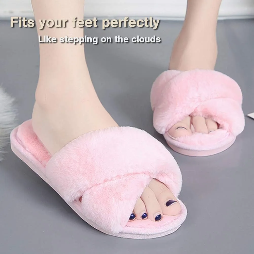 LZLER Womens Cross Band Slippers, Soft Plush Fleece Lightweight Non Slip Open Toe Flip Flop Shoes House Indoor Outdoor Fur Fuzzy Slippers