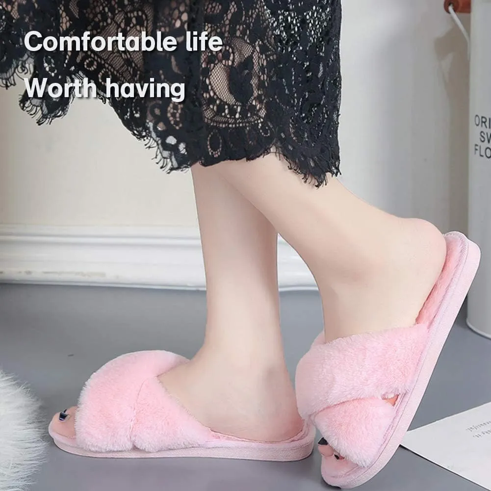 LZLER Womens Cross Band Slippers, Soft Plush Fleece Lightweight Non Slip Open Toe Flip Flop Shoes House Indoor Outdoor Fur Fuzzy Slippers