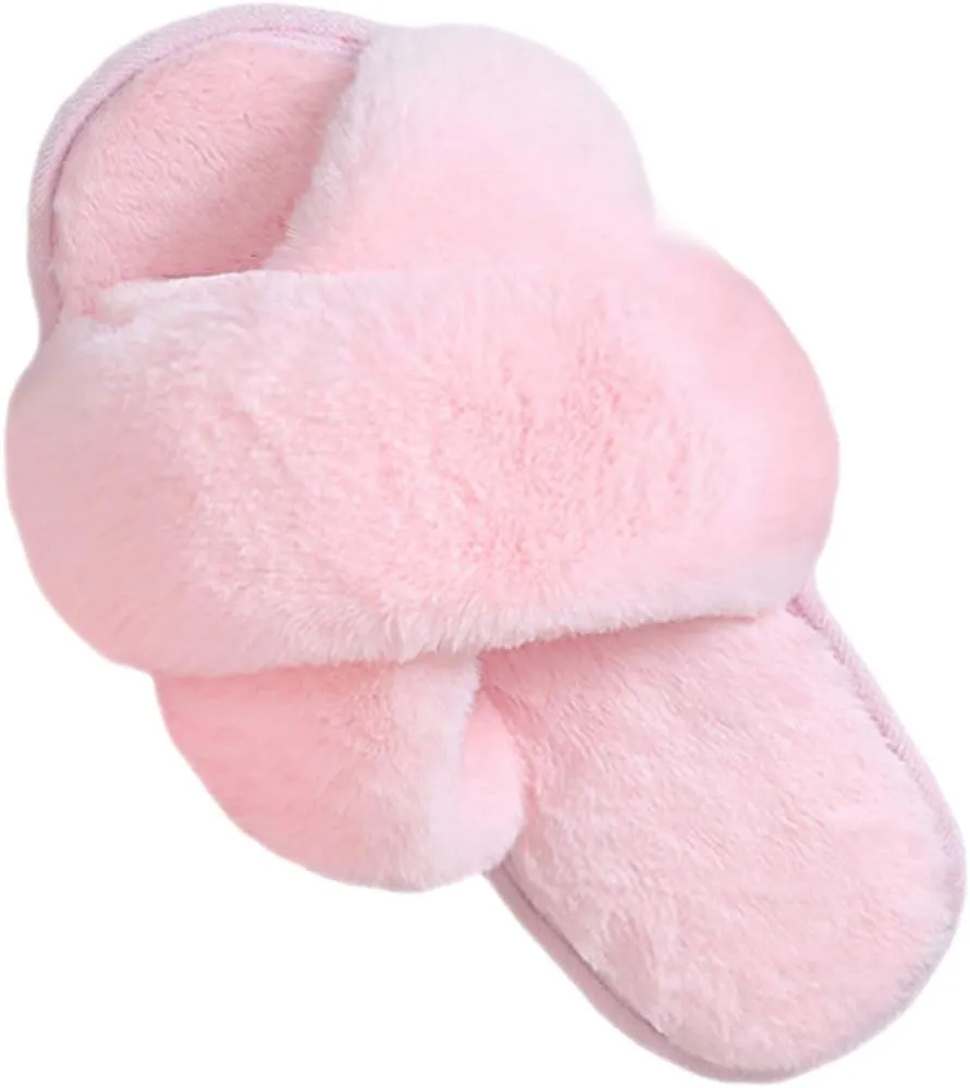 LZLER Womens Cross Band Slippers, Soft Plush Fleece Lightweight Non Slip Open Toe Flip Flop Shoes House Indoor Outdoor Fur Fuzzy Slippers