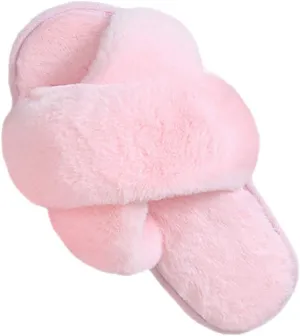 LZLER Womens Cross Band Slippers, Soft Plush Fleece Lightweight Non Slip Open Toe Flip Flop Shoes House Indoor Outdoor Fur Fuzzy Slippers