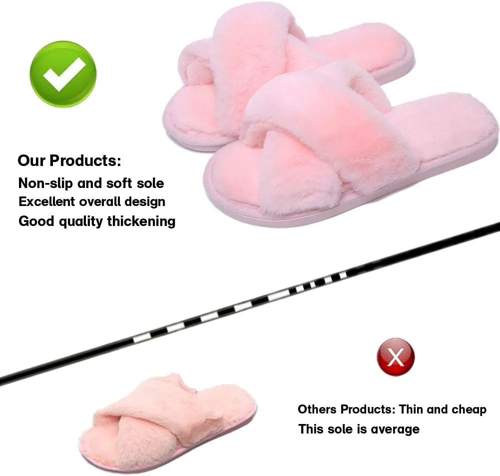 LZLER Womens Cross Band Slippers, Soft Plush Fleece Lightweight Non Slip Open Toe Flip Flop Shoes House Indoor Outdoor Fur Fuzzy Slippers