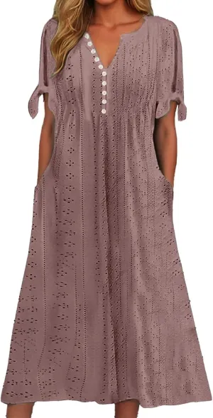 Maxi Long Dresses for Women 2025 Summer Casual V Neck Short Sleeve Eyelet Tshirt Dress Boho Aline Sundresses for Vacation