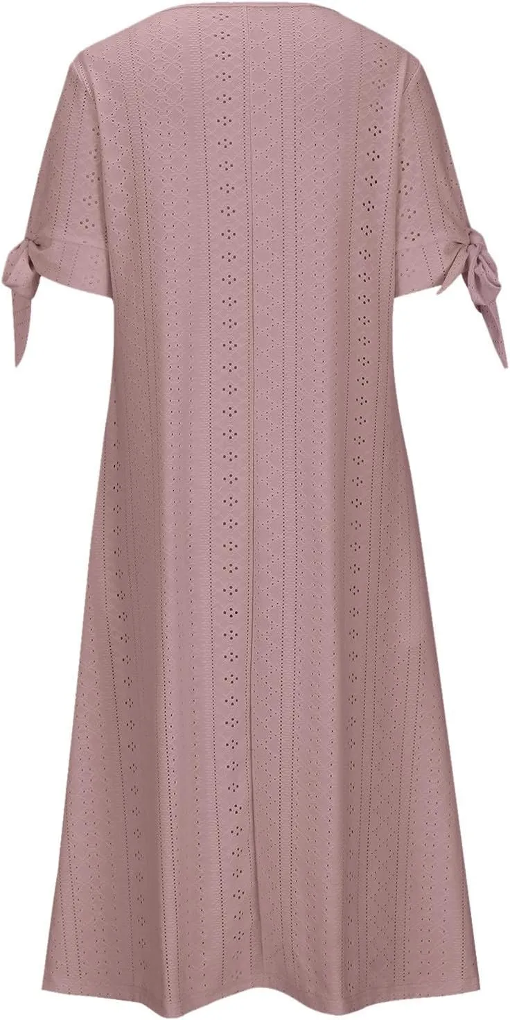 Maxi Long Dresses for Women 2025 Summer Casual V Neck Short Sleeve Eyelet Tshirt Dress Boho Aline Sundresses for Vacation