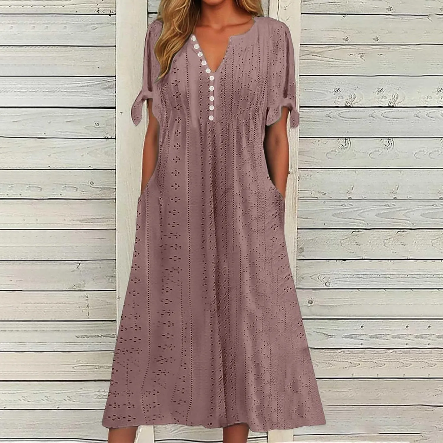 Maxi Long Dresses for Women 2025 Summer Casual V Neck Short Sleeve Eyelet Tshirt Dress Boho Aline Sundresses for Vacation
