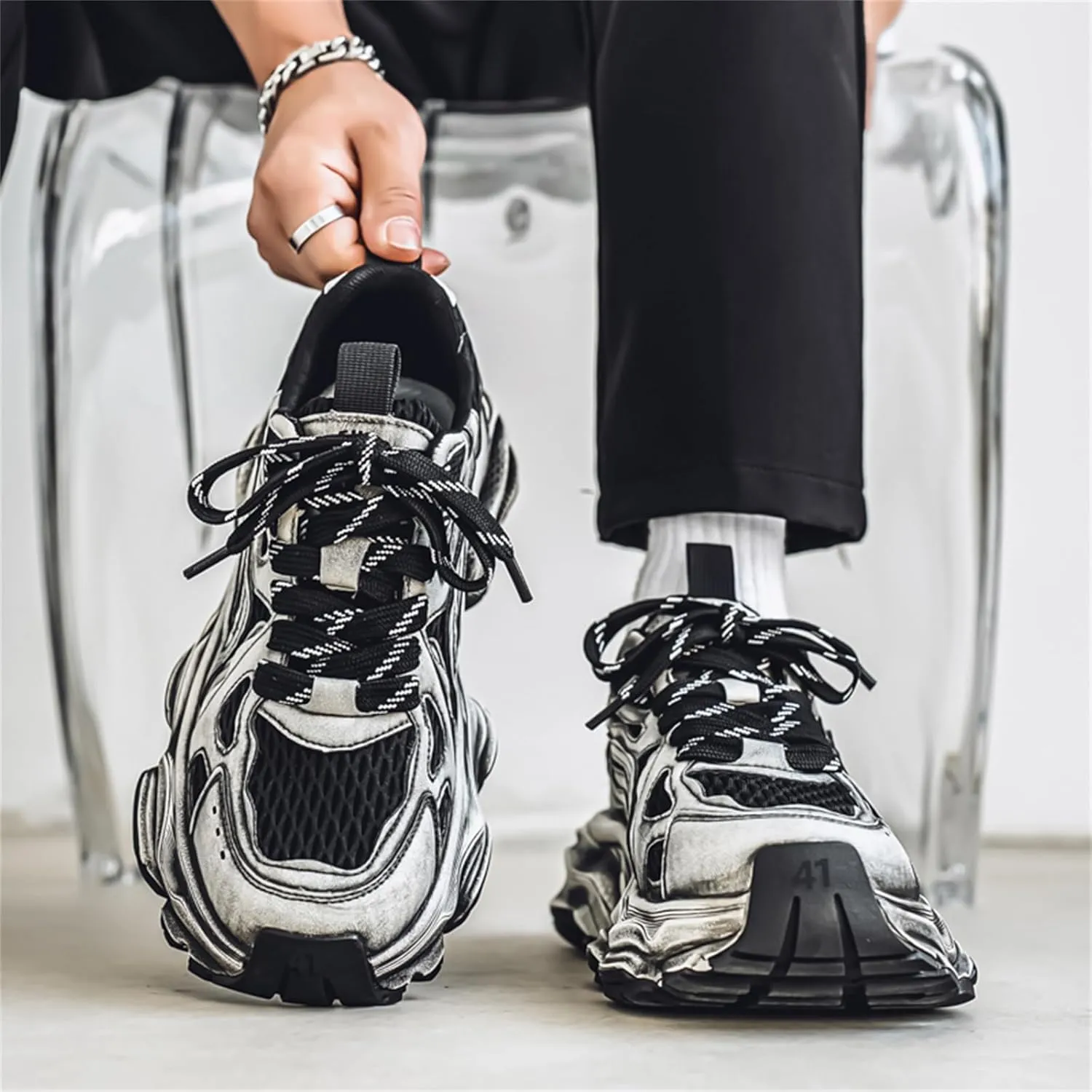 Men's Fashion Stylish Breathable Mesh Chunky Platform Lace Up Sneakers Retro Round Toe Non-Slip Trendy Walking Workout Driving Shoes