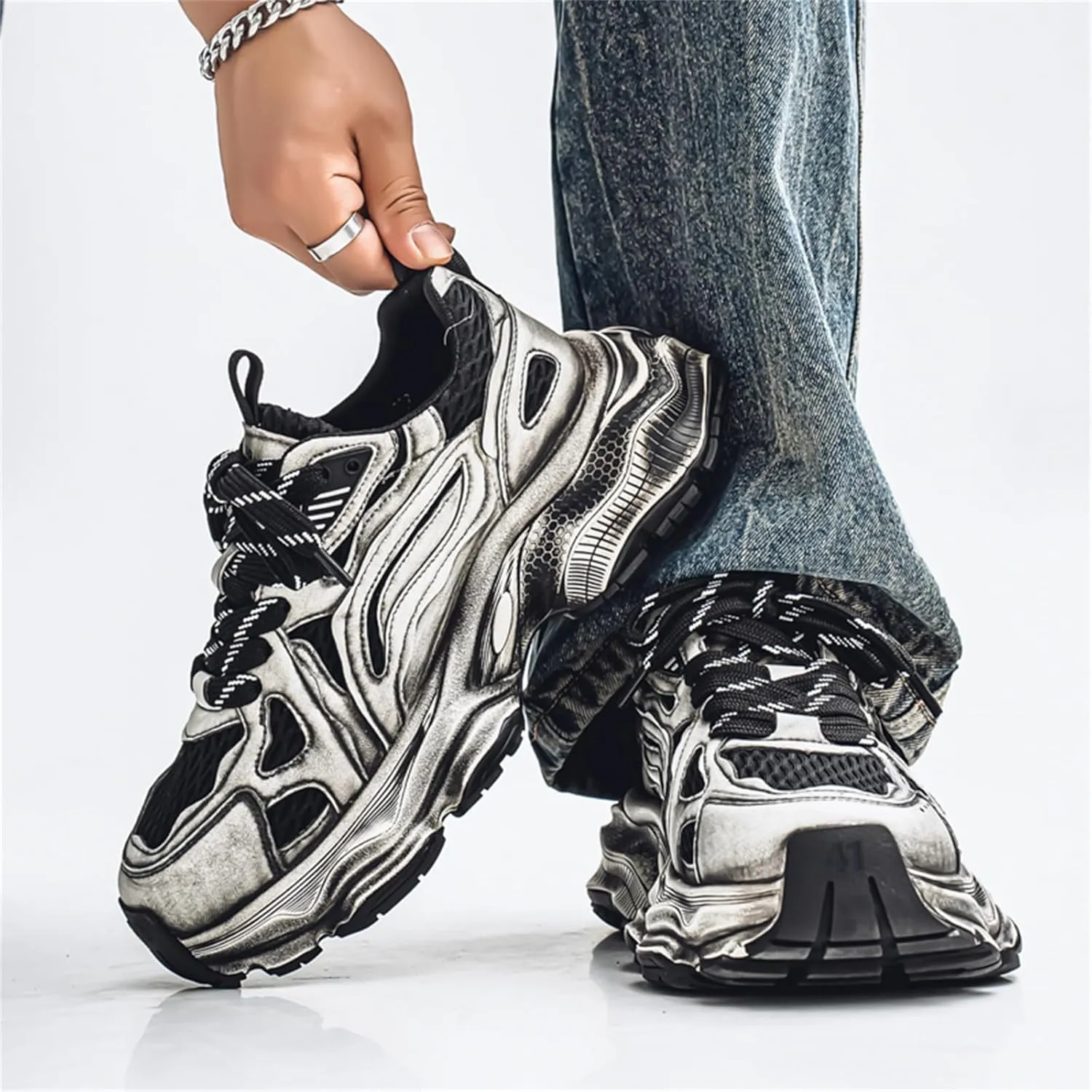 Men's Fashion Stylish Breathable Mesh Chunky Platform Lace Up Sneakers Retro Round Toe Non-Slip Trendy Walking Workout Driving Shoes